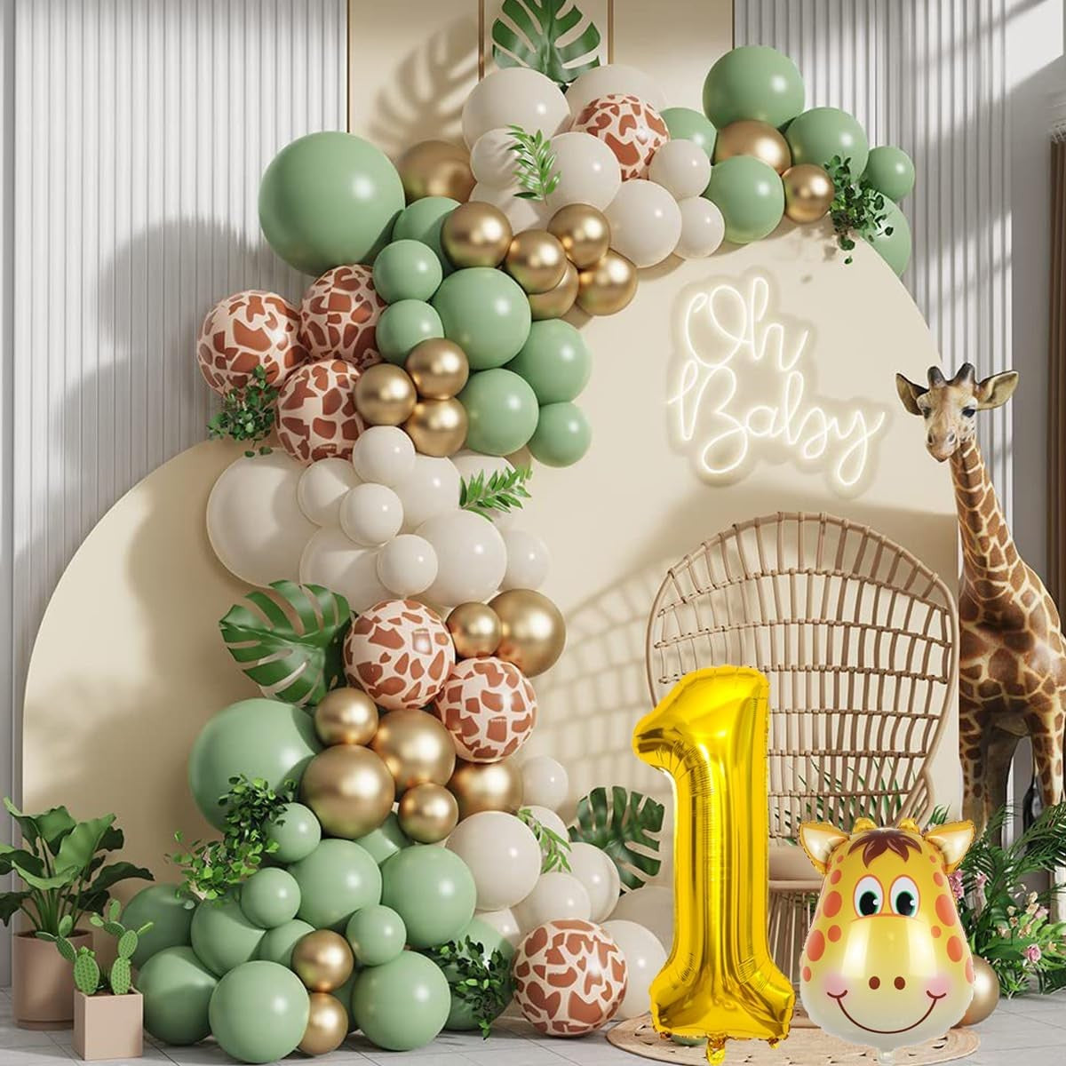 Set 30 Baloane Folie si Latex, Vivimall, Tematica Prima Aniversare, Baloane Latex 30cm, 25cm, Figurina Girafa 32x34 cm, Frunza Palmier 15 cm, Cifra 1 76 cm, Multicolor - vivimall.ro