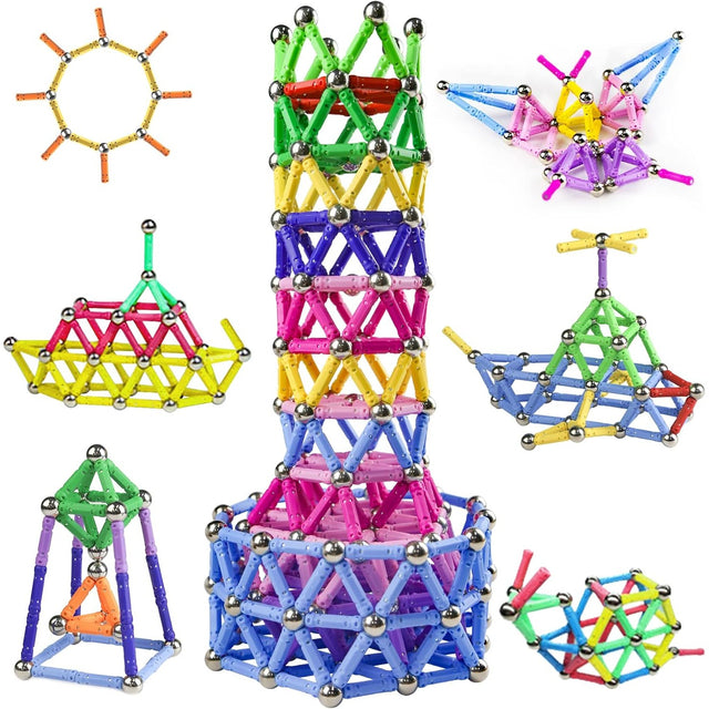Set 308 piese bețișoare magnetice multicolor pentru copii, vedere de ansamblu a cutiei și pieselor