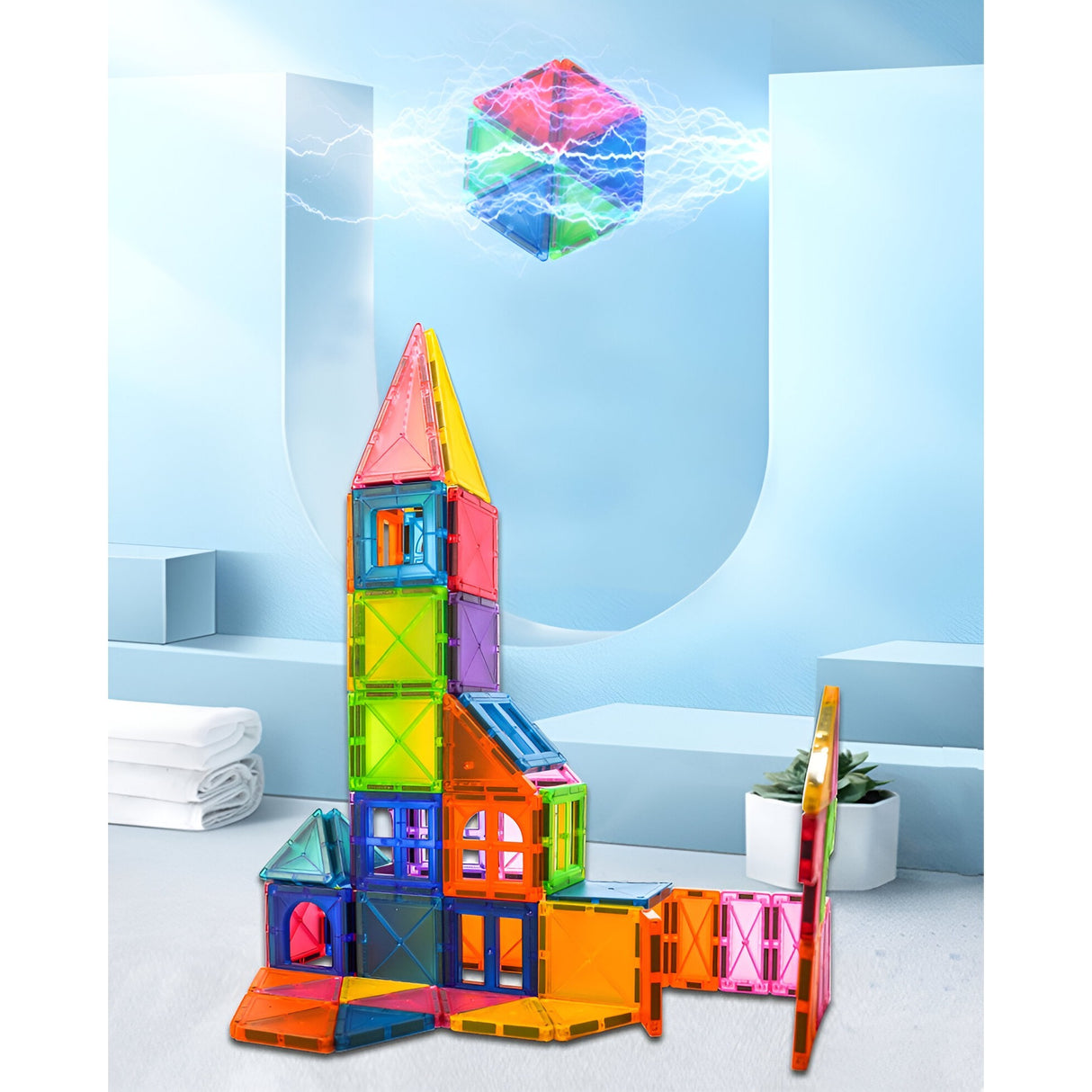 Set 32 Piese Magnetice de Constructie, Vivimall, Piese 5.5 cm, Magnetic Tiles, Forme Geometrice, 3 Ani, ABS, Magnet, 20.5 x 14.5 x 12 cm, Multicolor, Resigilat - vivimall.ro