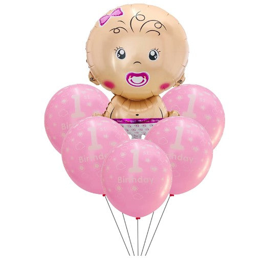 Set baloane pentru fetite, Vivimall, FIRST ANYVERSARY, 5 latex 1 Birthday, 1 balon folie din aluminu baby girl, 71 cm, Roz - vivimall.ro