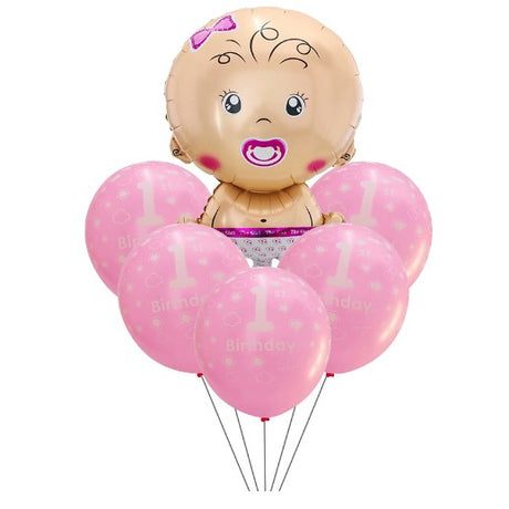 Set baloane pentru fetite, Vivimall, FIRST ANYVERSARY, 5 latex 1 Birthday, 1 balon folie din aluminu baby girl, 71 cm, Roz - vivimall.ro