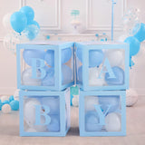 Set 4 Cutii pentru Baloane, Vivimall, Model Scris Baby, Tematica Iubire, Cuburi Decorative din Plastic, Accesorii pentru Petrecere, 30 x30 cm, Transparente Contur Albastru - vivimall.ro