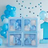 Set 4 Cutii pentru Baloane, Vivimall, Model Scris Baby, Tematica Iubire, Cuburi Decorative din Plastic, Accesorii pentru Petrecere, 30 x30 cm, Transparente Contur Albastru - vivimall.ro