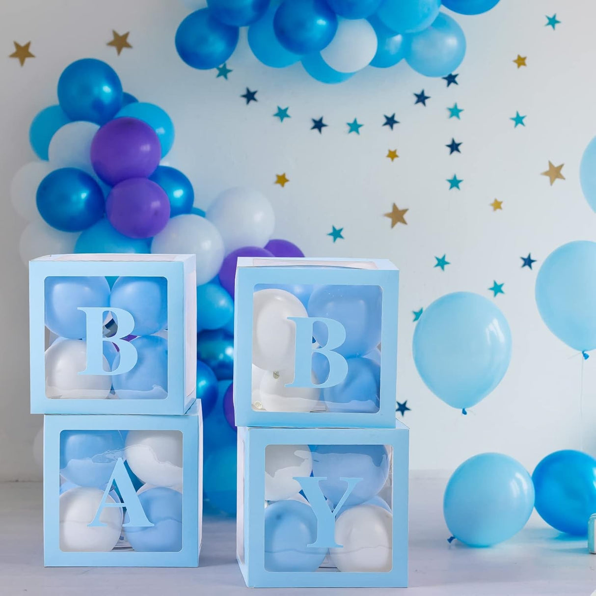 Set 4 Cutii pentru Baloane, Vivimall, Model Scris Baby, Tematica Iubire, Cuburi Decorative din Plastic, Accesorii pentru Petrecere, 30 x30 cm, Transparente Contur Albastru - vivimall.ro