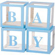 Set 4 Cutii pentru Baloane, Vivimall, Model Scris Baby, Tematica Iubire, Cuburi Decorative din Plastic, Accesorii pentru Petrecere, 30 x30 cm, Transparente Contur Albastru - vivimall.ro