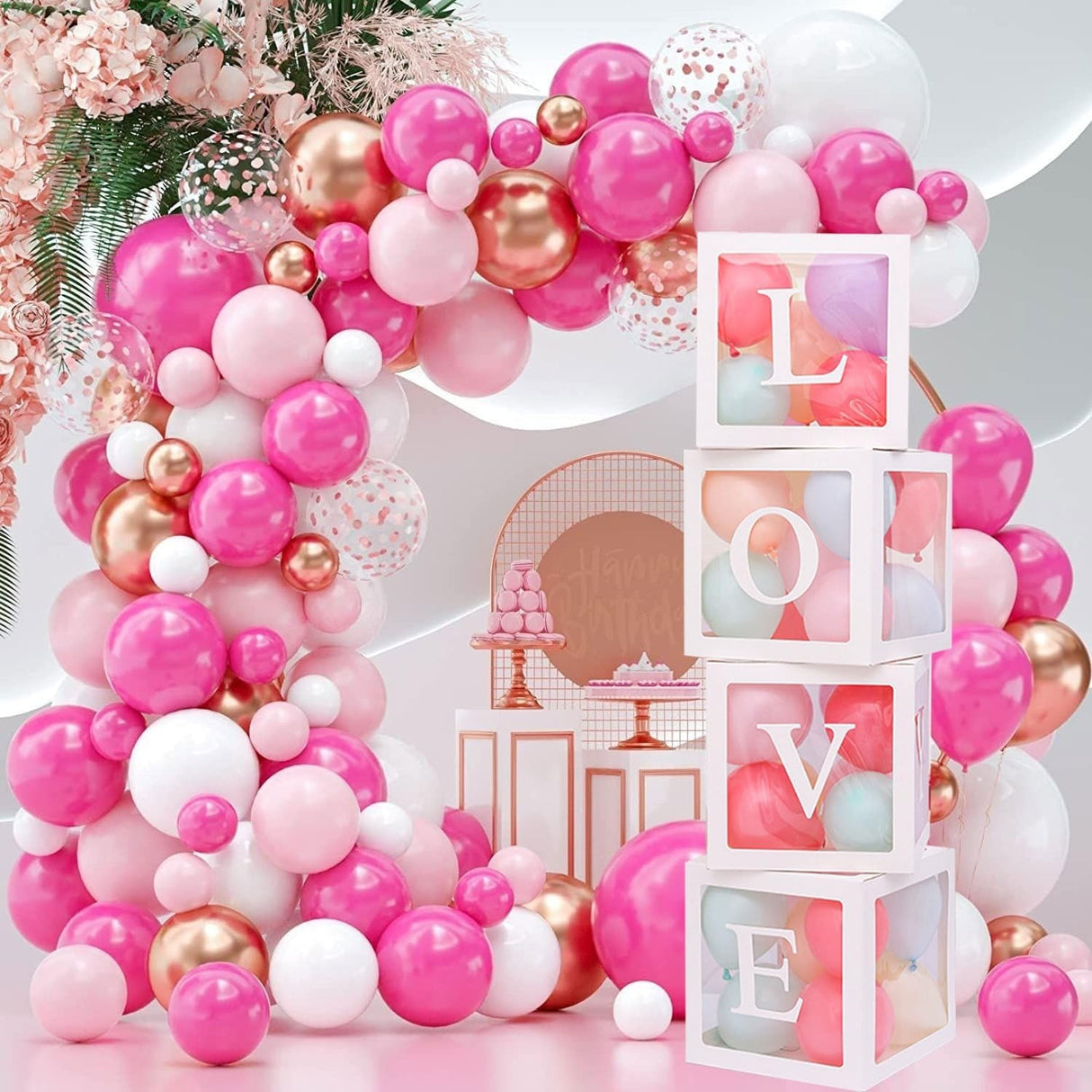 Set 4 Cutii pentru Baloane, Vivimall, Model Scris Love, Tematica Iubire, Cuburi Decorative din Plastic, Accesorii pentru Petrecere, 30 x30 cm, Transparente Contur Alb - vivimall.ro