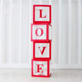 Set 4 Cutii pentru Baloane, Vivimall, Model Scris Love, Tematica Iubire, Cuburi Decorative din Plastic, Accesorii pentru Petrecere, 30x30 cm, Transparente Contur Rosu - vivimall.ro