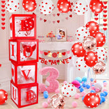 Set 4 Cutii pentru Baloane, Vivimall, Model Scris Love, Tematica Iubire, Cuburi Decorative din Plastic, Accesorii pentru Petrecere, 30x30 cm, Transparente Contur Rosu - vivimall.ro