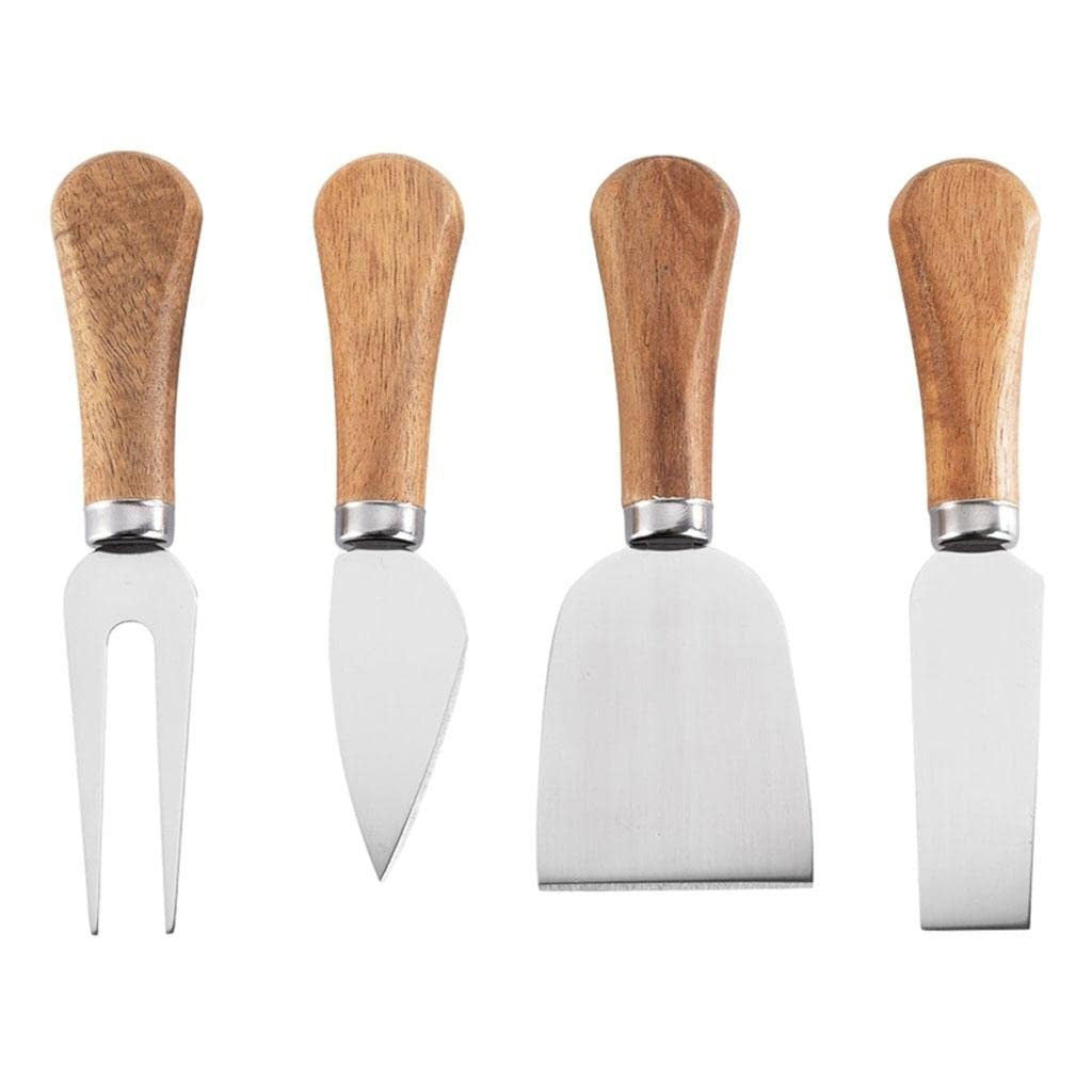 Set 4 cutite pentru branza Vivimall, din otel inoxidabil, maner din lemn de salcam, pentru branza sau unt, 15 x 6.3 x 3 cm, argintiu - vivimall.ro