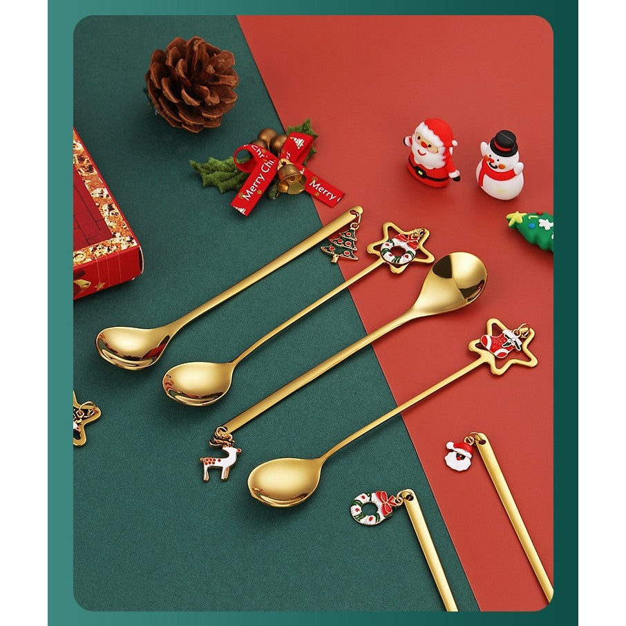 Set 4 Lingurite, Flippy, Tema Craciun, Model Carry The Merry, 4 Modele Tip Pandantiv, din Otel Inoxidabil, 19 x 16 x 2 cm, Multicolor - vivimall.ro
