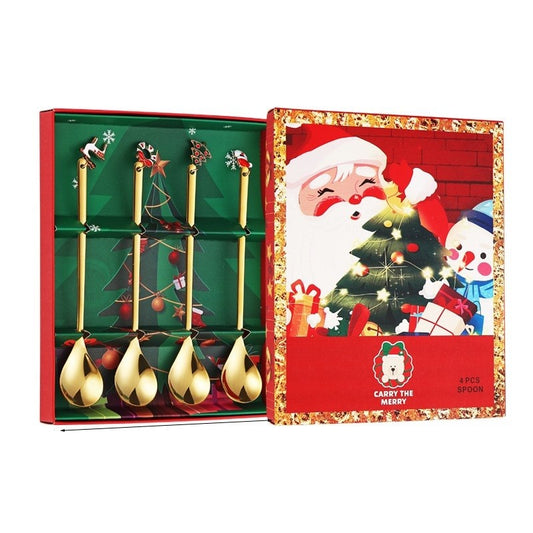 Set 4 Lingurite, Vivimall, Tema Craciun, Model Carry The Merry, 4 Modele Tip Pandantiv, din Otel Inoxidabil, 19 x 16 x 2 cm, Multicolor - vivimall.ro