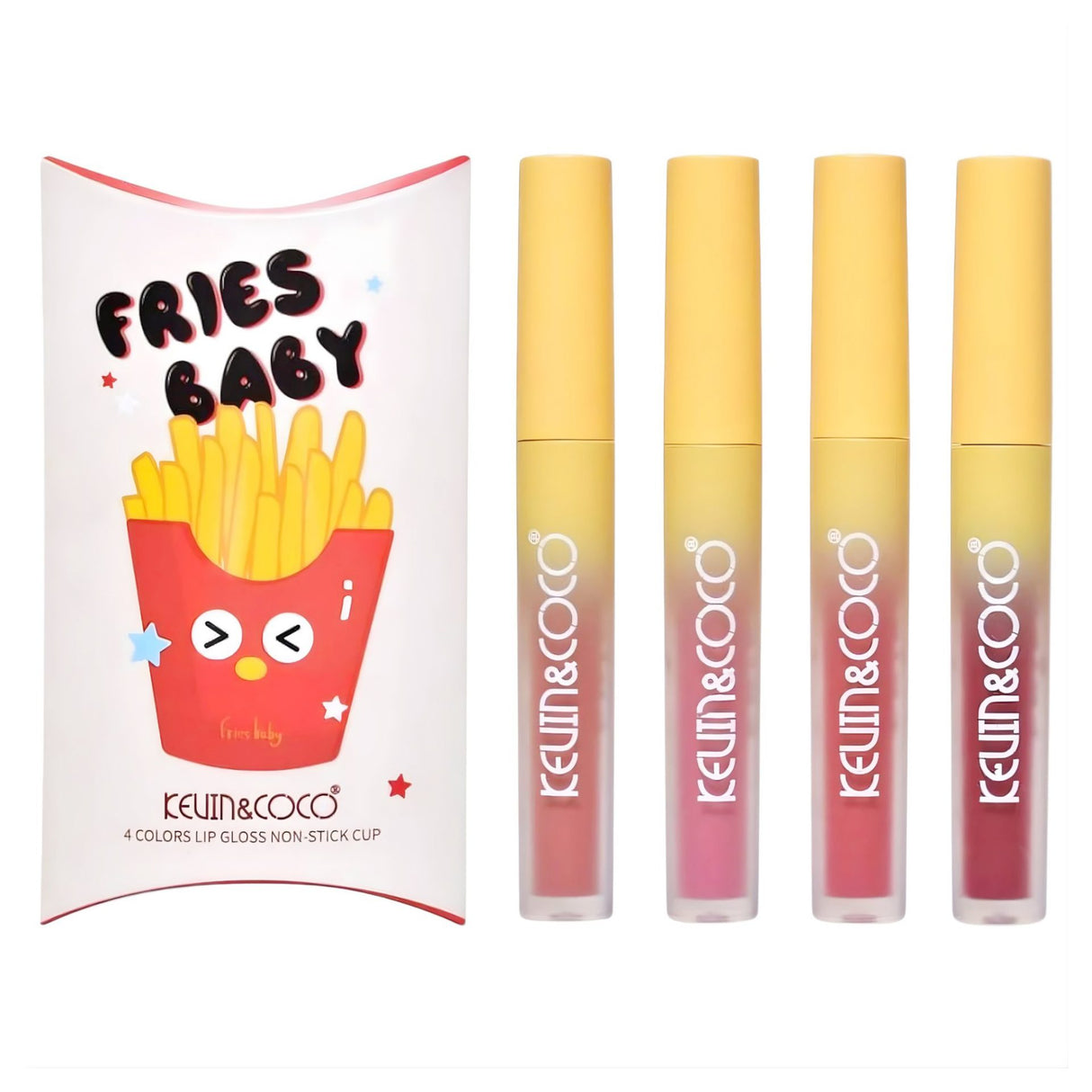 Set Luciu de buze, Kevin&Coco, Fries Baby, 4 Lip Gloss-uri, Stralucire si Hidratare Intensa, Rezistent, Model B, Multicolor