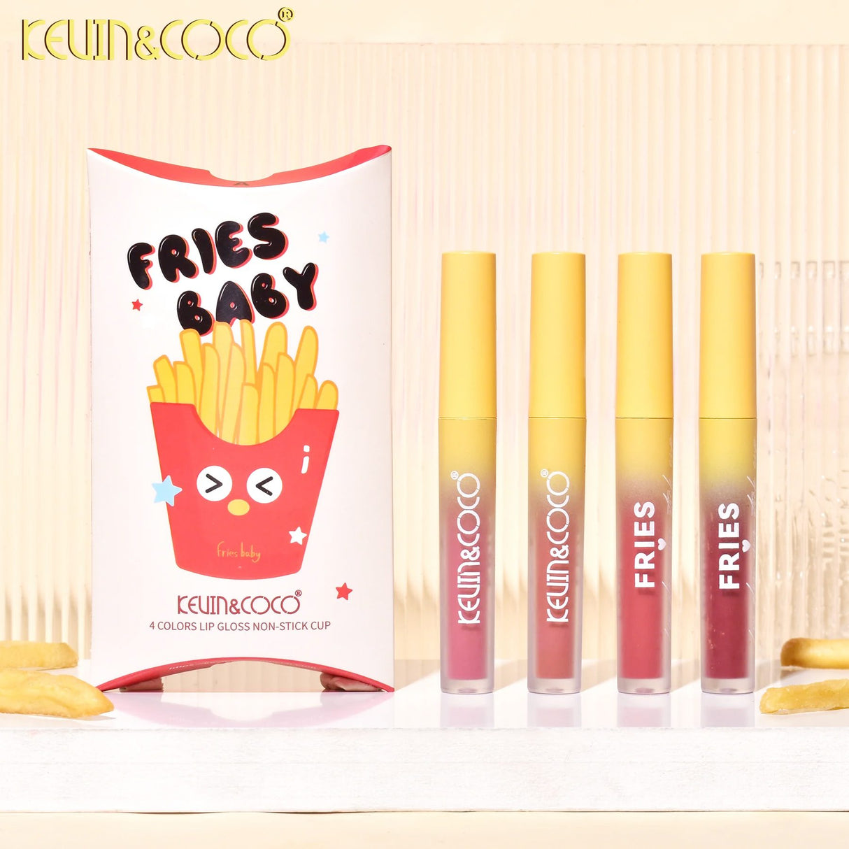 Set Luciu de buze, Kevin&Coco, Fries Baby, 4 Lip Gloss-uri, Stralucire si Hidratare Intensa, Rezistent, Model B, Multicolor