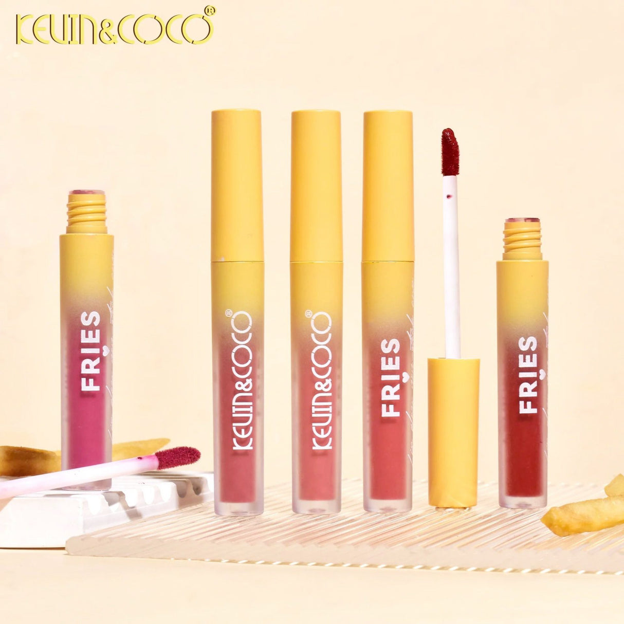 Set Luciu de buze, Kevin&Coco, Fries Baby, 4 Lip Gloss-uri, Stralucire si Hidratare Intensa, Rezistent, Model B, Multicolor