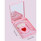 Set 4 Mini Pensule de Machiaj, Flippy, Portabile, in Carcasa cu Oglinda, din Par Sintetic Moale, Roz, Model cu Inima, 12x7x2.5 cm