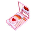Set 4 mini pensule de machiaj roz în carcasă cu oglindă, model cu inimă, vedere frontală