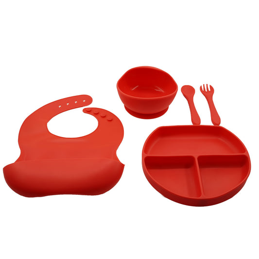 Set 5 piese diversificare bebelusi si copii din silicon Vivimall, baveta, farfurie compartimentata cu ventuza, bol cu ventuza, tacamuri, fara alergeni, rosu - vivimall.ro