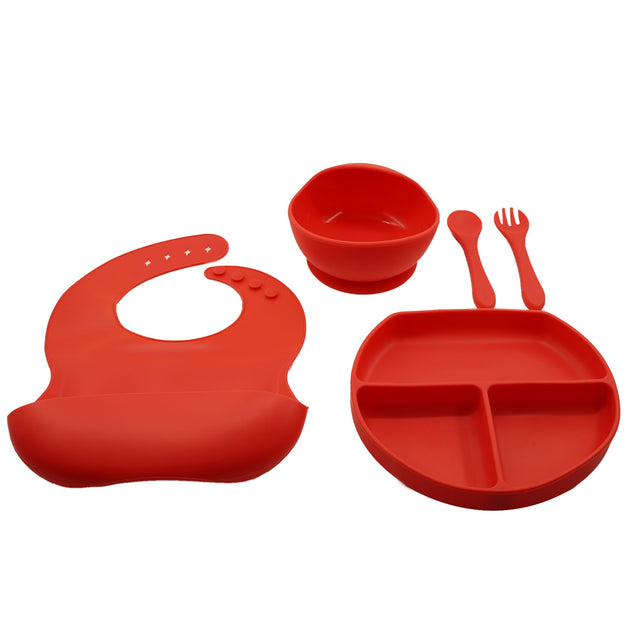 Set 5 piese diversificare bebelusi si copii din silicon Vivimall, baveta, farfurie compartimentata cu ventuza, bol cu ventuza, tacamuri, fara alergeni, rosu - vivimall.ro