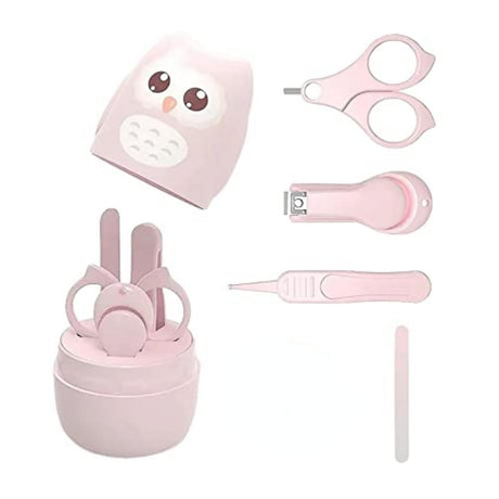 Set 4 Piese Ingrijire Unghii Bebelusi, Vivimall, din ABS+Otel Inoxidabil, Cutie de Depozitare Tip Bufnita, de la 0 Luni, 11.5 x 5 x 11.5 cm, Roz - vivimall.ro