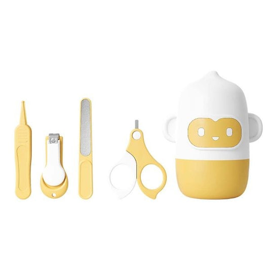 Set 4 Piese Ingrijire Unghii Bebelusi, Vivimall, din ABS+Otel Inoxidabil, Cutie de Depozitare Tip Maimuta, de la 0 Luni, Galben - vivimall.ro