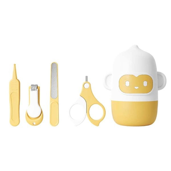 Set 4 Piese Ingrijire Unghii Bebelusi, Vivimall, din ABS+Otel Inoxidabil, Cutie de Depozitare Tip Maimuta, de la 0 Luni, Galben - vivimall.ro
