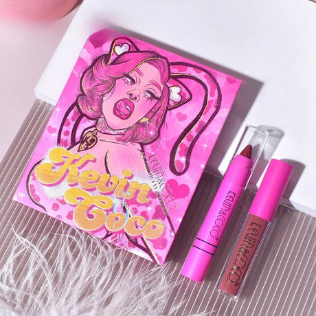 Set 4 Produse de Machiaj, KEVIN &amp; COCO, Pink Loving-heart Leopard Girl, 18 culori, 20.5 x 18.2 x 2.2 cm - vivimall.ro