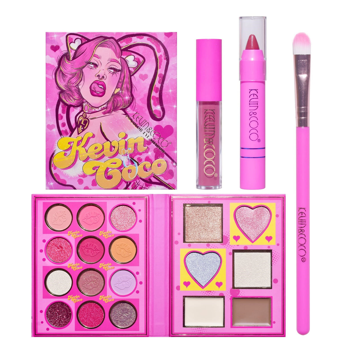 Set 4 Produse de Machiaj, KEVIN &amp; COCO, Pink Loving-heart Leopard Girl, 18 culori, 20.5 x 18.2 x 2.2 cm