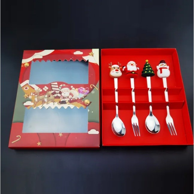 Set 4 Tacamuri, Vivimall, cu Figurine de Craciun, din Otel Inoxidabil, 2 Furculite, 2 Linguri, Cutie Festiva, 13.5 cm, Rosu - vivimall.ro
