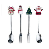 Set 4 Tacamuri, Vivimall, cu Figurine de Craciun, din Otel Inoxidabil, 2 Furculite, 2 Linguri, Cutie Festiva, 13.5 cm, Rosu - vivimall.ro