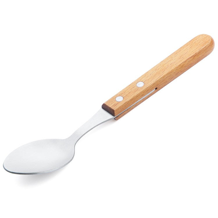 Set 4 tacamuri pentru masa Vivimall, otel 304, lingura, lingurita desert, cutit, furculita, maner din lemn de fag, 20 x 4 x 2 cm, gri - vivimall.ro