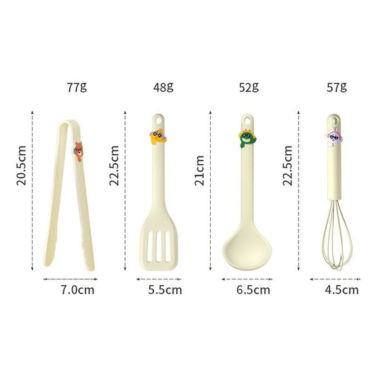 Set 4 Ustensile de Bucatarie, Vivimall, pentru Copii, din Silicon, Termorezistente, Design Animat, 13 x 24 x 5 cm, Bej - vivimall.ro