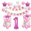 Set Baloane Aniversare HAPPY BIRTHDAY, Vivimall, set din 42 bucati, 1 bucata cifra mare, 4 stele din folie aluminiu, 37 simple din latex, Baby Girl, 60 cm Roz - vivimall.ro