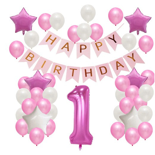 Set Baloane Aniversare HAPPY BIRTHDAY, Vivimall, set din 42 bucati, 1 bucata cifra mare, 4 stele din folie aluminiu, 37 simple din latex, Baby Girl, 60 cm Roz - vivimall.ro