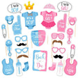 Set 43 accesorii gender reveal albastru-roz Vivimall, vedere de ansamblu cu toate props-urile incluse