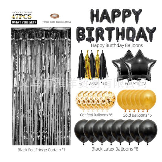 Set 47 baloane, 10 ciucuri, 2 baloane stea folie, 6 baloane latex confetti, 6 baloane galbene latex, 8 baloane negre latex, 1 Perdea Praty Folie, Litere Happy Birthday, Auriu/Negru - vivimall.ro