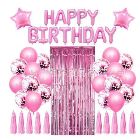 Set 47 baloane, 10 ciucuri, 2 baloane stea folie, 6 baloane latex confetti, 6 baloane galbene latex, 8 baloane negre latex, 1 Perdea Praty Folie, Litere Happy Birthday, Roz - vivimall.ro
