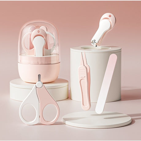 Set 4in1 de Ingrijire Unghii pentru Bebelusi, Vivimall, Cutie de Depozitare Tip Borcan, 0-6 Ani, 10 x 7 x 6 cm, Roz - vivimall.ro