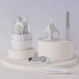 Set 4in1 de Ingrijire Unghii pentru Bebelusi, Vivimall, Cutie de Depozitare Tip Borcan, 0-6 Ani, 10 x 7 x 6 cm, Alb/Gri - vivimall.ro