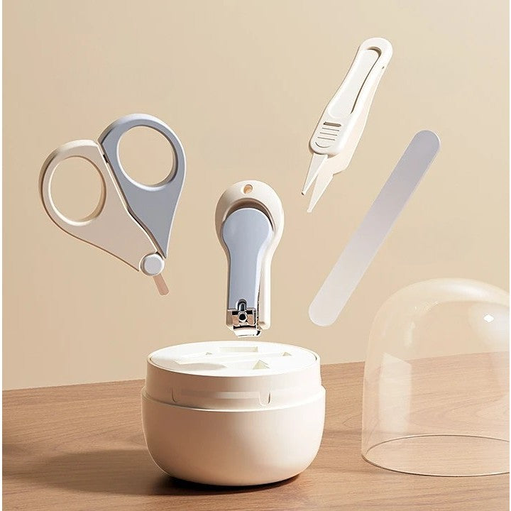 Set 4in1 de Ingrijire Unghii pentru Bebelusi, Vivimall, Cutie de Depozitare Tip Borcan, 0-6 Ani, 10 x 7 x 6 cm, Alb/Gri - vivimall.ro