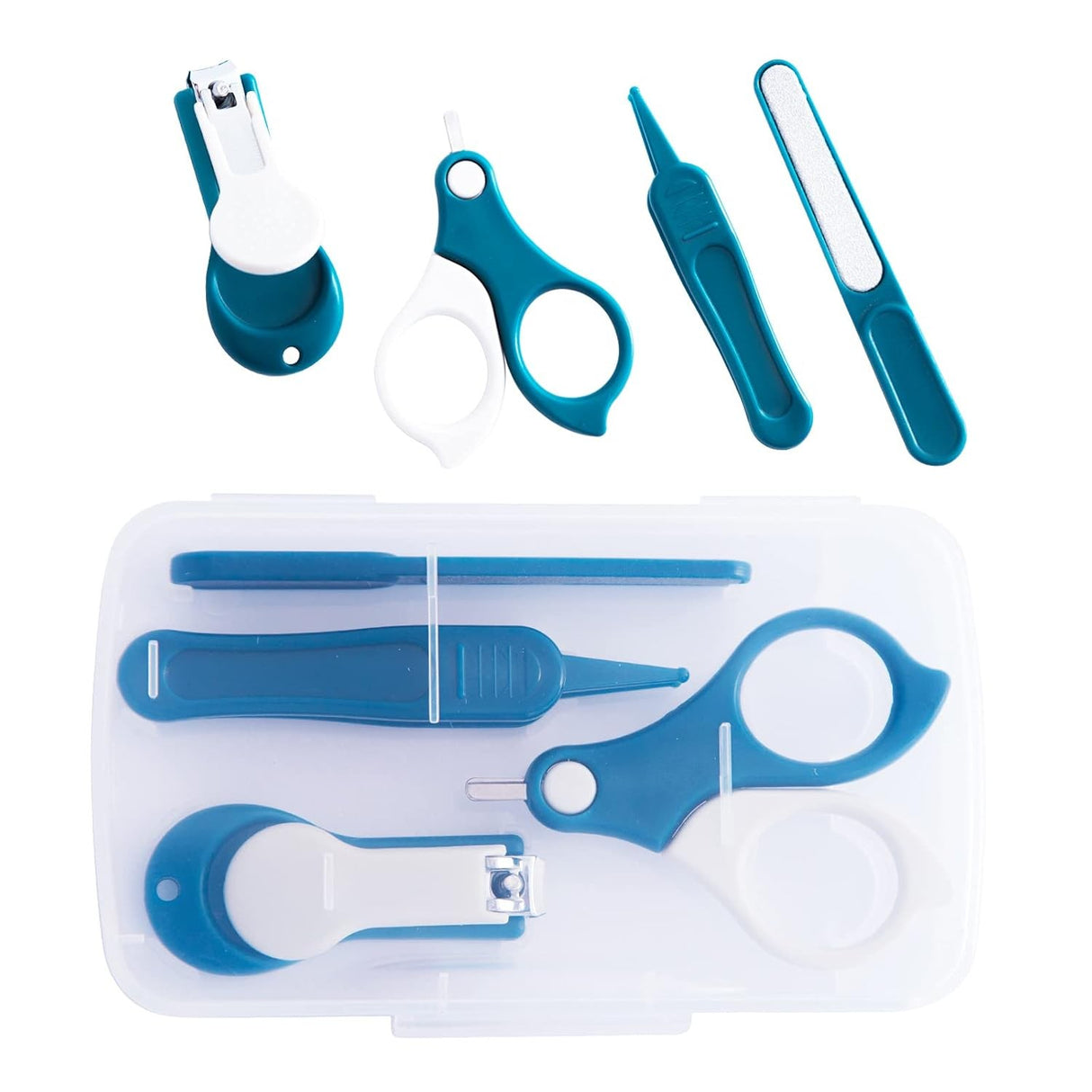 Set 4in1 de Ingrijire Unghii pentru Bebelusi, Vivimall, Cutie de Depozitare Transparenta, 0-6 Ani, 13.6x8x2 cm, Albastru Marin - vivimall.ro