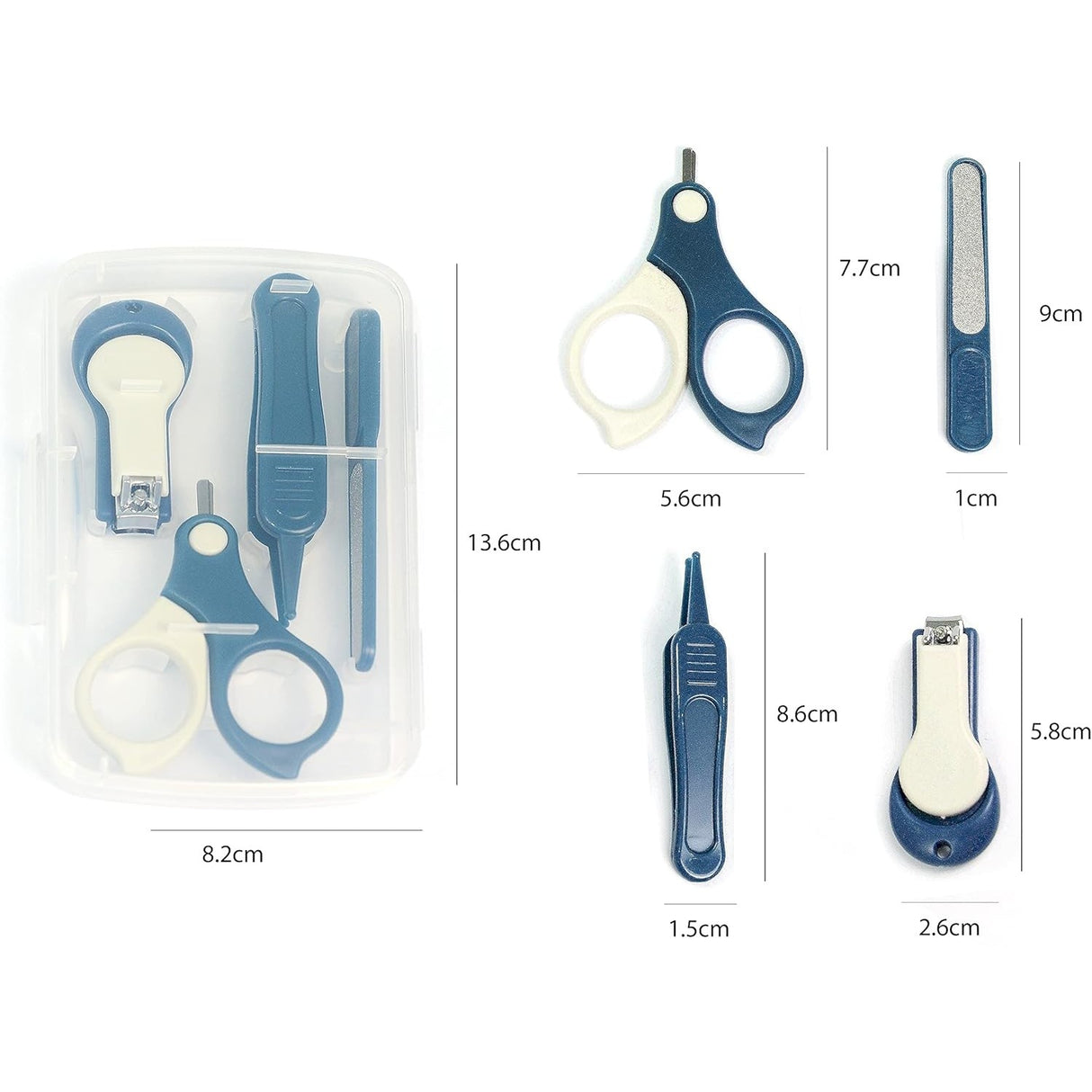 Set 4in1 de Ingrijire Unghii pentru Bebelusi, Vivimall, Cutie de Depozitare Transparenta, 0-6 Ani, 13.6x8x2 cm, Albastru Marin - vivimall.ro