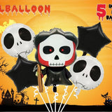Set 5 Baloane din Folie Metalizata, Vivimall, Figurine, Tema Halloween, Pai Inclus, Ambalaj Individual, Umflare cu Aer sau Heliu, Figurina Craniu 50.5x74 cm, Stelute si Cerculete 45 cm, Alb-Negru - vivimall.ro