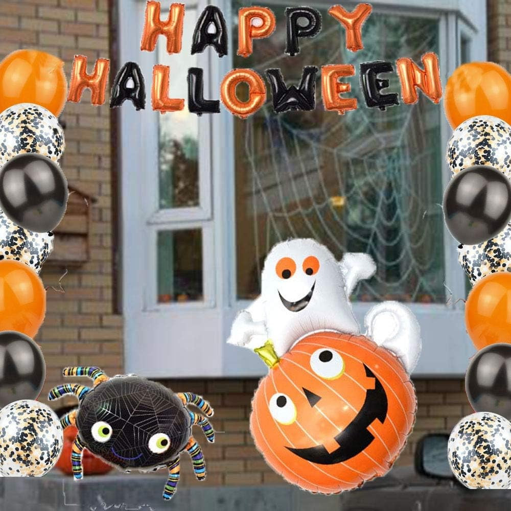 Set 5 Baloane din Folie Metalizata, Vivimall, Figurine, Tema Halloween, Pai Inclus, Ambalaj Individual, Umflare cu Aer sau Heliu, Figurina Dovleac cu Fantoma 64x80 cm, Stelute si Cerculete 45 cm, Multicolor - vivimall.ro