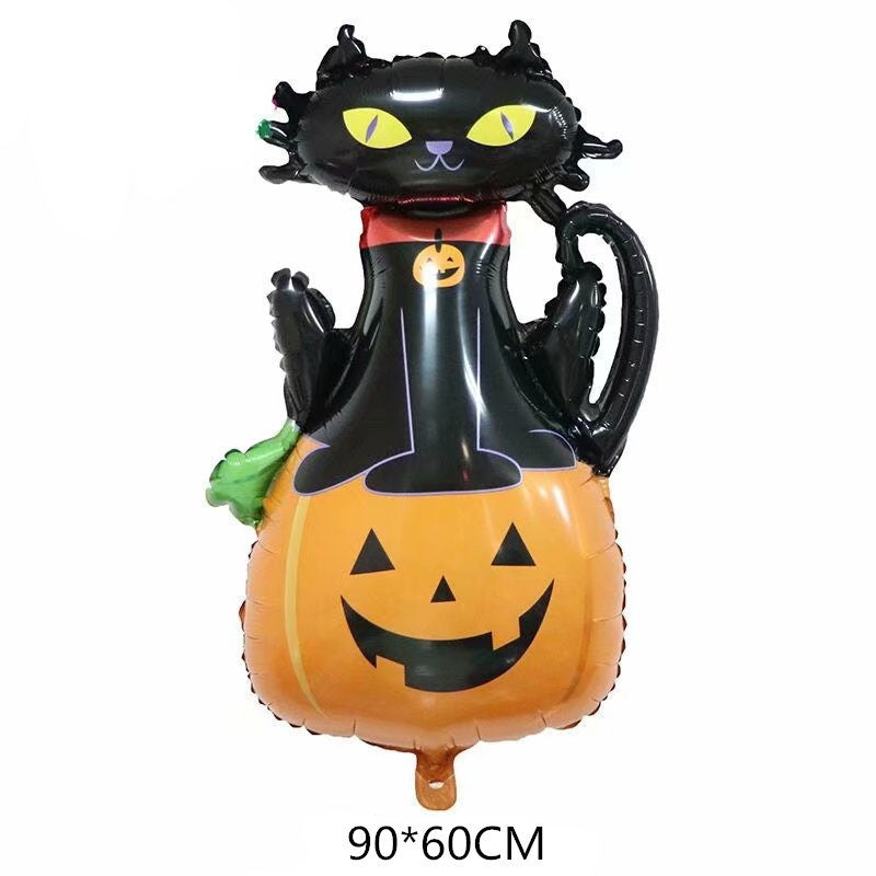 Set 5 Baloane din Folie Metalizata, Vivimall, Figurine, Tema Halloween, Pai Inclus, Ambalaj Individual, Umflare cu Aer sau Heliu, Figurina Dovleac si Pisica 90x60 cm, Stelute si Cerculete 45 cm, Portocaliu-Negru - vivimall.ro