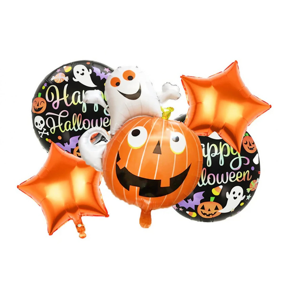 Set 5 Baloane din Folie Metalizata, Vivimall, Figurine, Tema Halloween, Pai Inclus, Ambalaj Individual, Umflare cu Aer sau Heliu, Figurina Dovleac cu Fantoma 64x80 cm, Stelute si Cerculete 45 cm, Multicolor - vivimall.ro