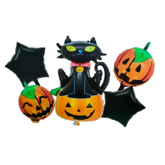 Set 5 Baloane din Folie Metalizata, Vivimall, Figurine, Tema Halloween, Pai Inclus, Ambalaj Individual, Umflare cu Aer sau Heliu, Figurina Dovleac si Pisica 90x60 cm, Stelute si Cerculete 45 cm, Portocaliu-Negru - vivimall.ro