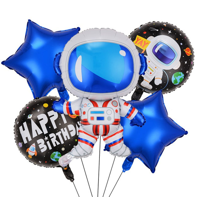Set 5 baloane din folie metalizata HAPPY BIRTHDAY, Vivimall, Figurina Model Astronaut, Stelute Albastre, Adeziv si pai incluse, 78 x 45cm, Albastru inchis - vivimall.ro