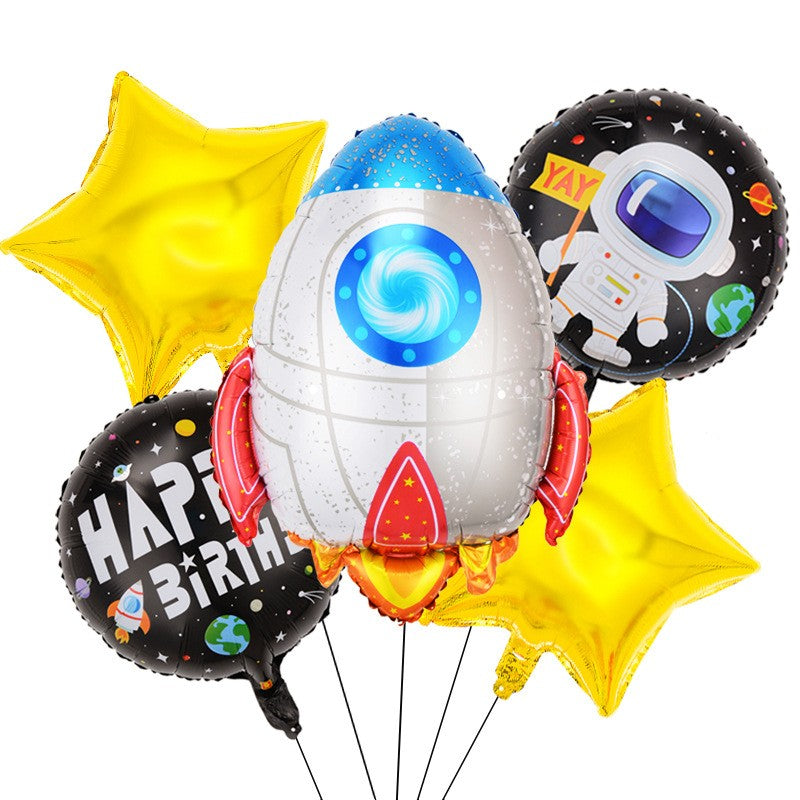 Set 5 baloane din folie metalizata HAPPY BIRTHDAY, Vivimall, Figurina Model Racheta, Stelute Galbene, Adeziv si pai incluse, 78 x 45cm, Galben Alb - vivimall.ro