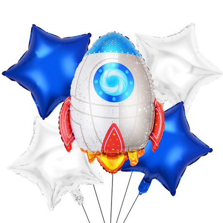 Set 5 baloane din folie metalizata HAPPY BIRTHDAY, Vivimall, Figurina Model Racheta, Stelute Albastre, Adeziv si pai incluse, 78 x 45cm, Albastru Alb - vivimall.ro