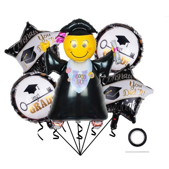 Baloane cu tematica Absolvire, Vivimall, set din 5 baloane, 1 Figurina Absolventa, 2 stele, 2 rotunde, din folie de aluminiu, 70 x 40 cm, Aer si Heliu, Alb Negru - vivimall.ro